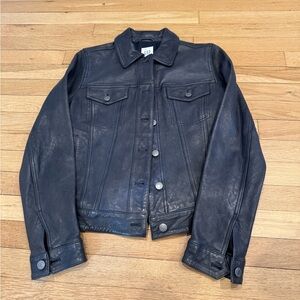 GAP Women's Dark Navy Leather Trucker Jacket